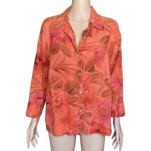 CHICO'S linen 100% blouse XL button down floral orange resort botanical shirt
